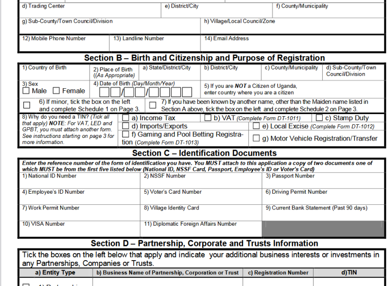 Uganda Revenue Authority Manual Individual TIN Application Form (DT – 1001) PDF