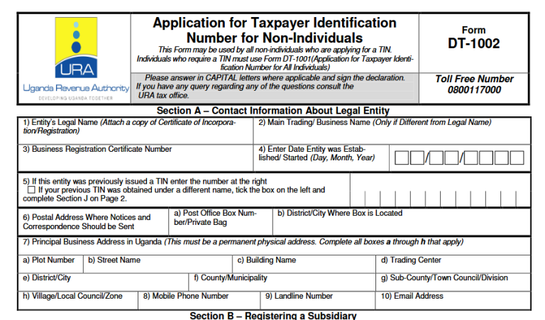 Uganda Revenue Authority Business/Company TIN Application Form (DT-1002) PDF