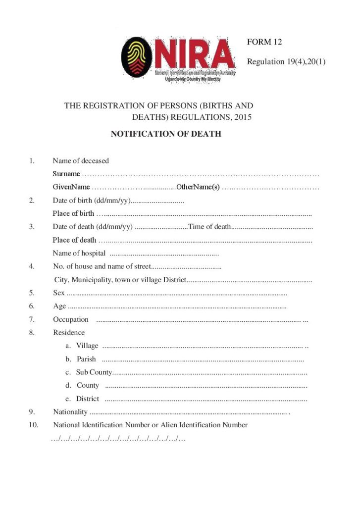 NIRA Death Certificate Form 12