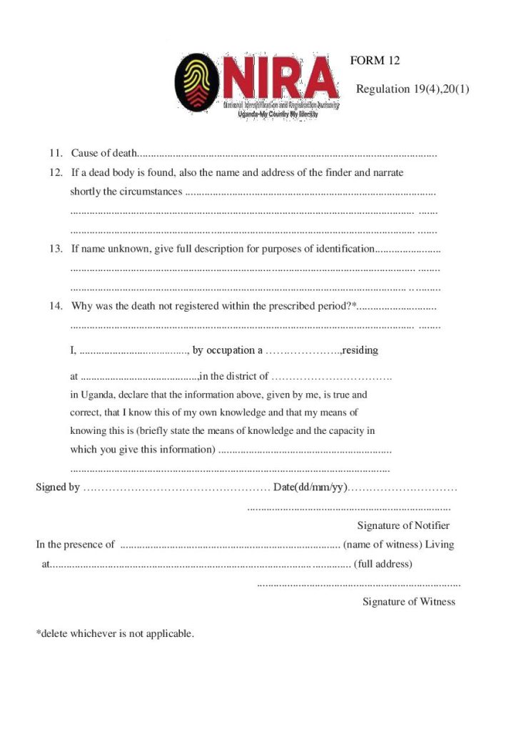 NIRA Death Certificate Form 12