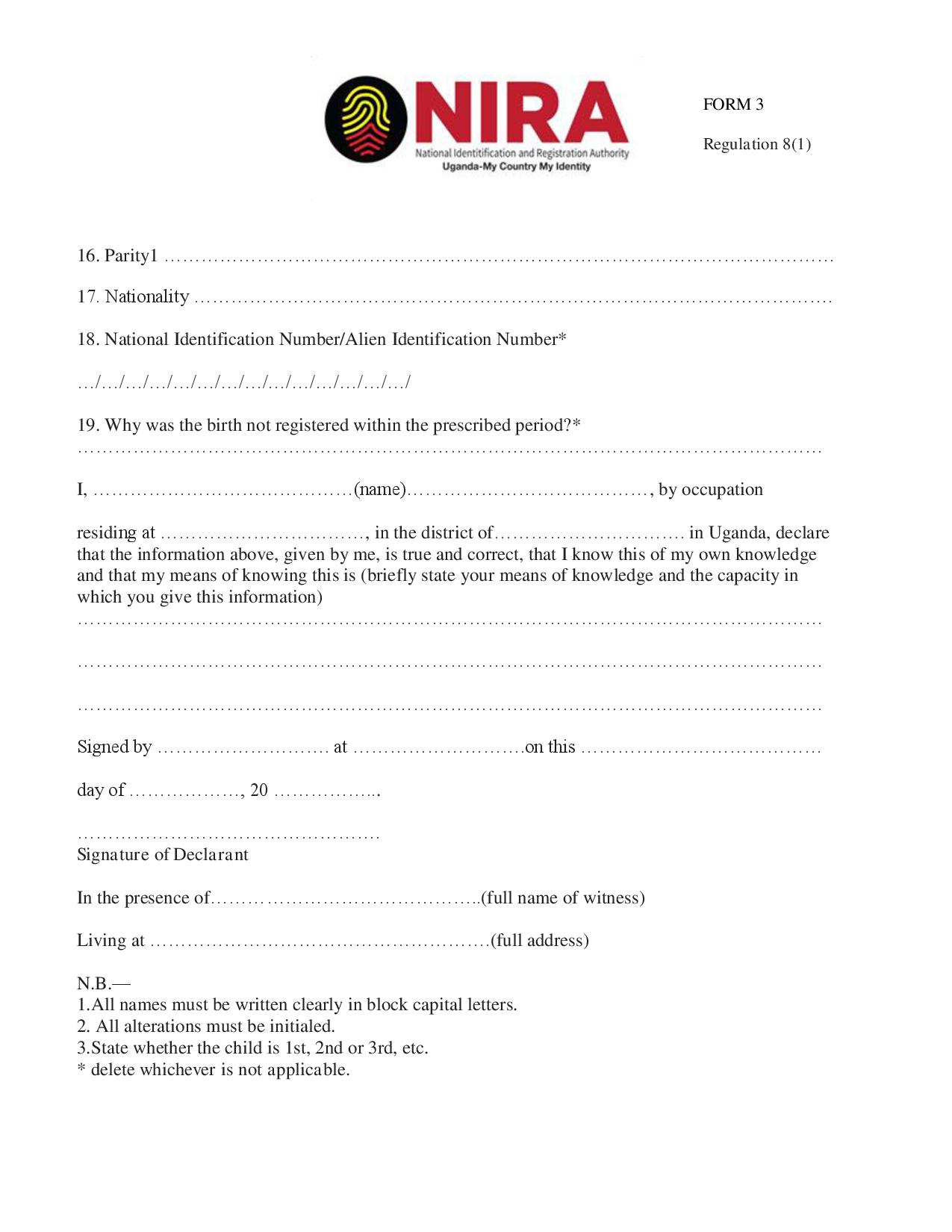 NIRA Birth Certificate Registration Form 3 Download | Thekonsulthub.com