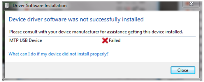 MTP Device USB Driver Failed