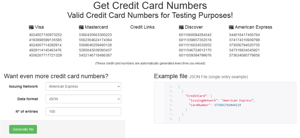 Testing purpose credit card numbers