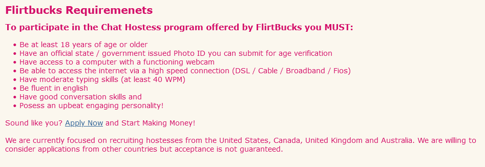 Flirtbucks.net Requirements