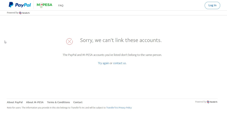 PayPal Error! Sorry We Can’t Link These Accounts! The Safaricom M-PESA Validation Service Is Currently Unavailable